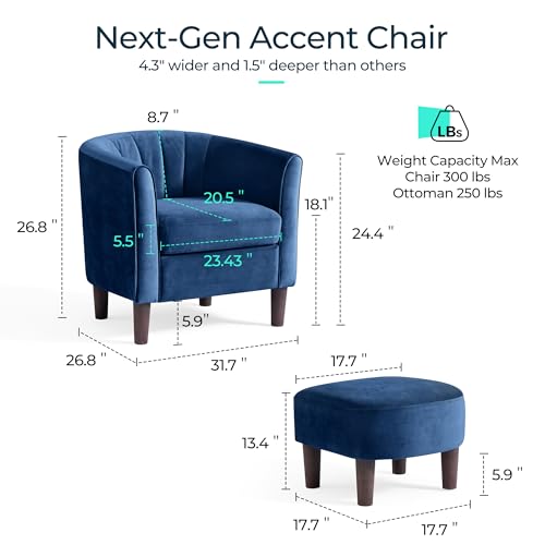 LINSY Accent Chair with Ottoman, Modern Barrel Chair Small Armchair Reading Chair with Footrest, Comfy Round Arms Chair for Living Room Bedroom Reading Room, Velvet, Olive Green