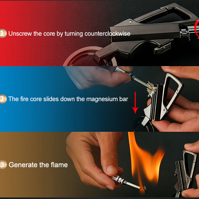Lighter Metal Carabiner Bottle Opener Keychain Flint Fire Starter Permanent