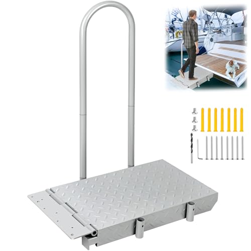 Boat Boarding Platform with Handrail, Dock Extension Step with Safety Grab Bar, Folding Dock Boarding Platform for Marina, Dock, Deck, Boat, Silver
