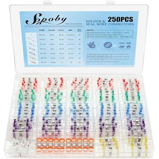 Sopoby 250PCS Solder Seal Wire Connectors, Self-Solder Heat Shrink Butt Connector Solder Sleeve Waterproof Electrical Butt Splice Wire Terminals for Automotive Boat Truck Wire Joint(7 Colors/7 Sizes)