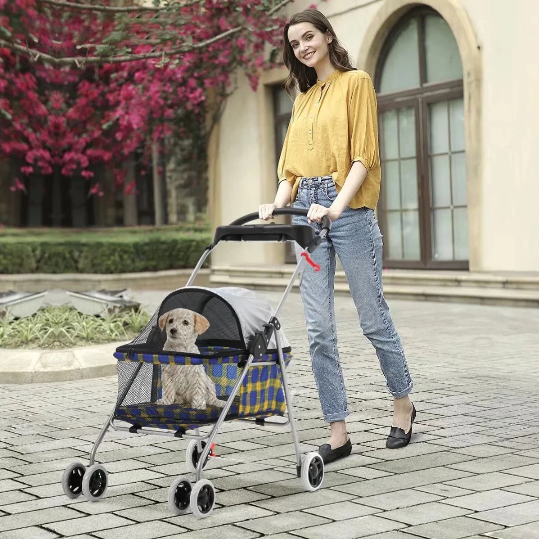Dog Stroller Pet Strollers for Small Dogs Cat Stroller for Cats No Escape Cat Dog Cage Stroller Carrier Strolling Cart Travel Folding Carrier with Cup Holder, Yellow Plaid
