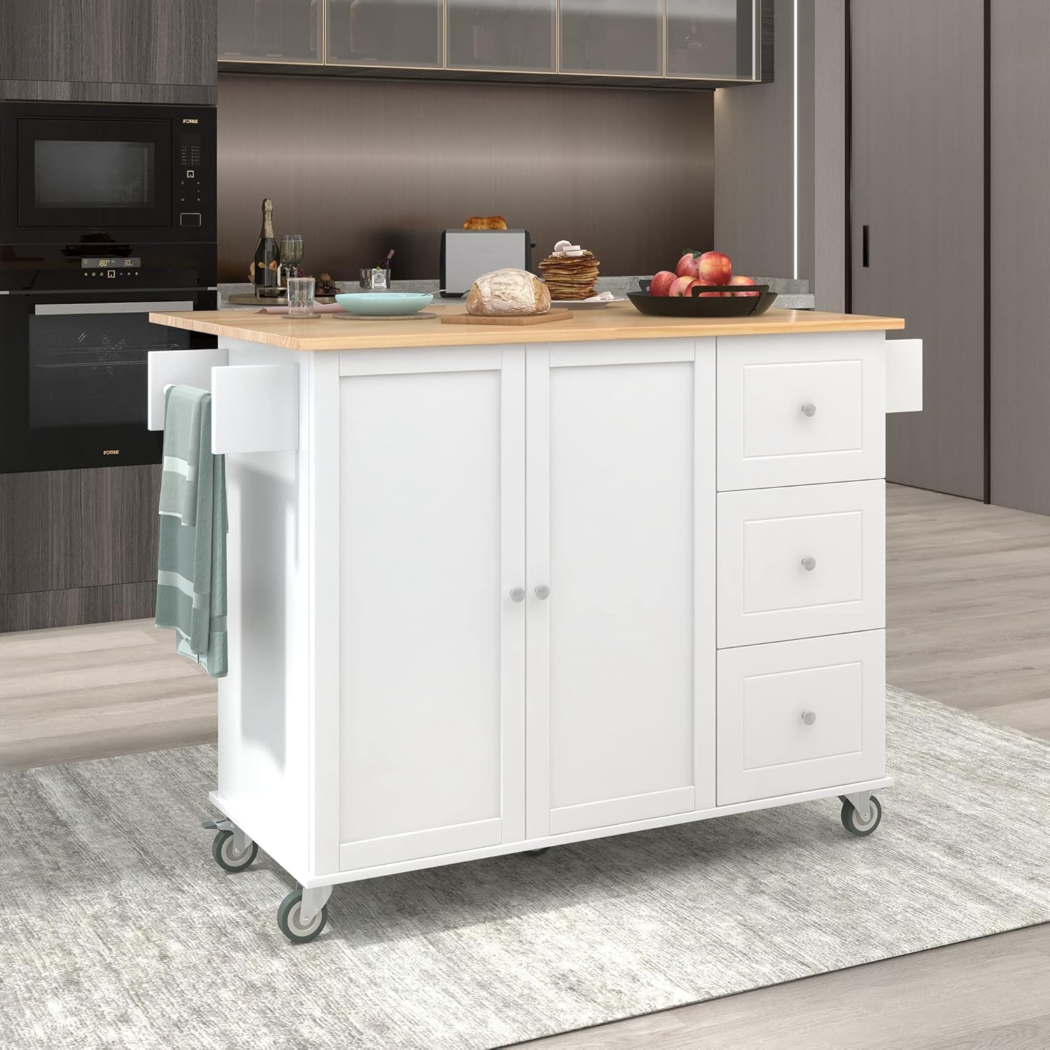 52.7 Inch Width Kitchen Island with 3 Drawers and Internal Storage Racks, Rolling Kitchen Cart with Towel Rack and Locking Wheels, Spice Rack, Drop Leaf Counter Top, Adjustable Shelves, White