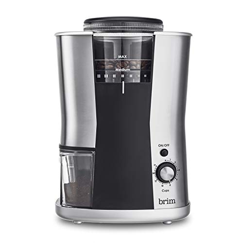 BRIM Conical Burr Coffee Grinder, Uniformly Grinds Beans for 1-17 Cups of Coffee, Features Removable Bean Container, 17 Precise Grind Size Settings, and Convenient Auto Shut Off, Stainless Steel/Black