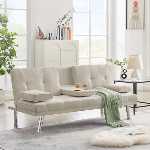 Futon Sofa Bed, 3 People Guest Bed, Modern Convertible Folding Futon Sofa Bed with Removable Armrests, Futon Couch Recliner Lounge with 2 Cup Holders for Living Room, Apartments, Dormitories, Office
