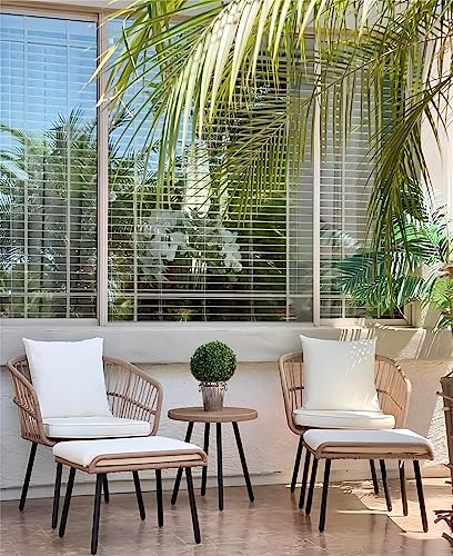 YITAHOME 5-Piece Outdoor Wicker Furniture Set, All-Weather Patio Bistro Set with Footrest, Small Patio Conversation Set for Balcony Outside, Outdoor Chairs with Ottomans and Coffee Table - Black