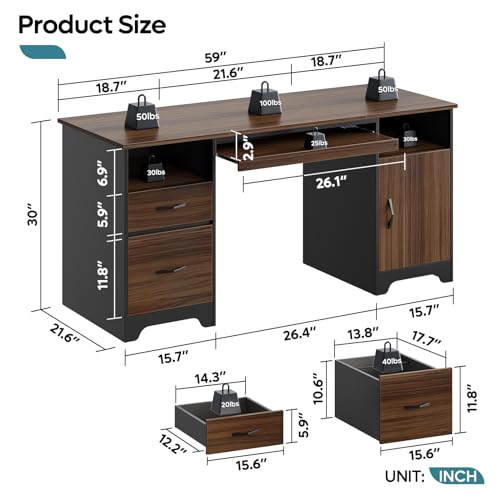 Bestier 59” Executive Desk with 2 Drawers, Computer Desk with Storage Cabinet, Industrial Wood Desk with File Drawer, Keyboard Tray & 2 Pedestals for Home Office & Studio, Cherry