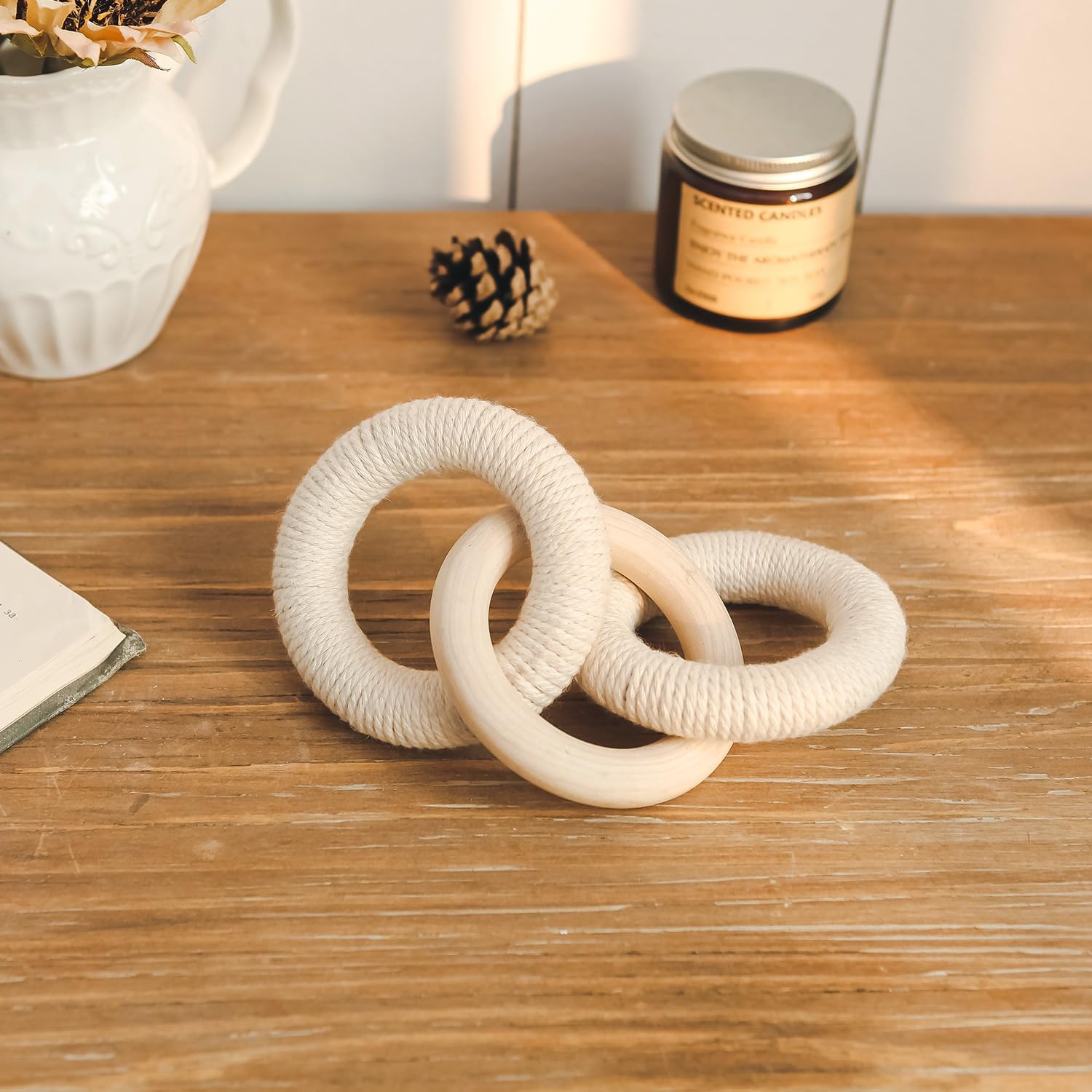 NIKKY HOME Coffee Table Wood Knot Decor, Rustic Boho Style Wooden Chain Link Decor Book Shelf Decor Accents Home Decorations Living Room Table Decorations