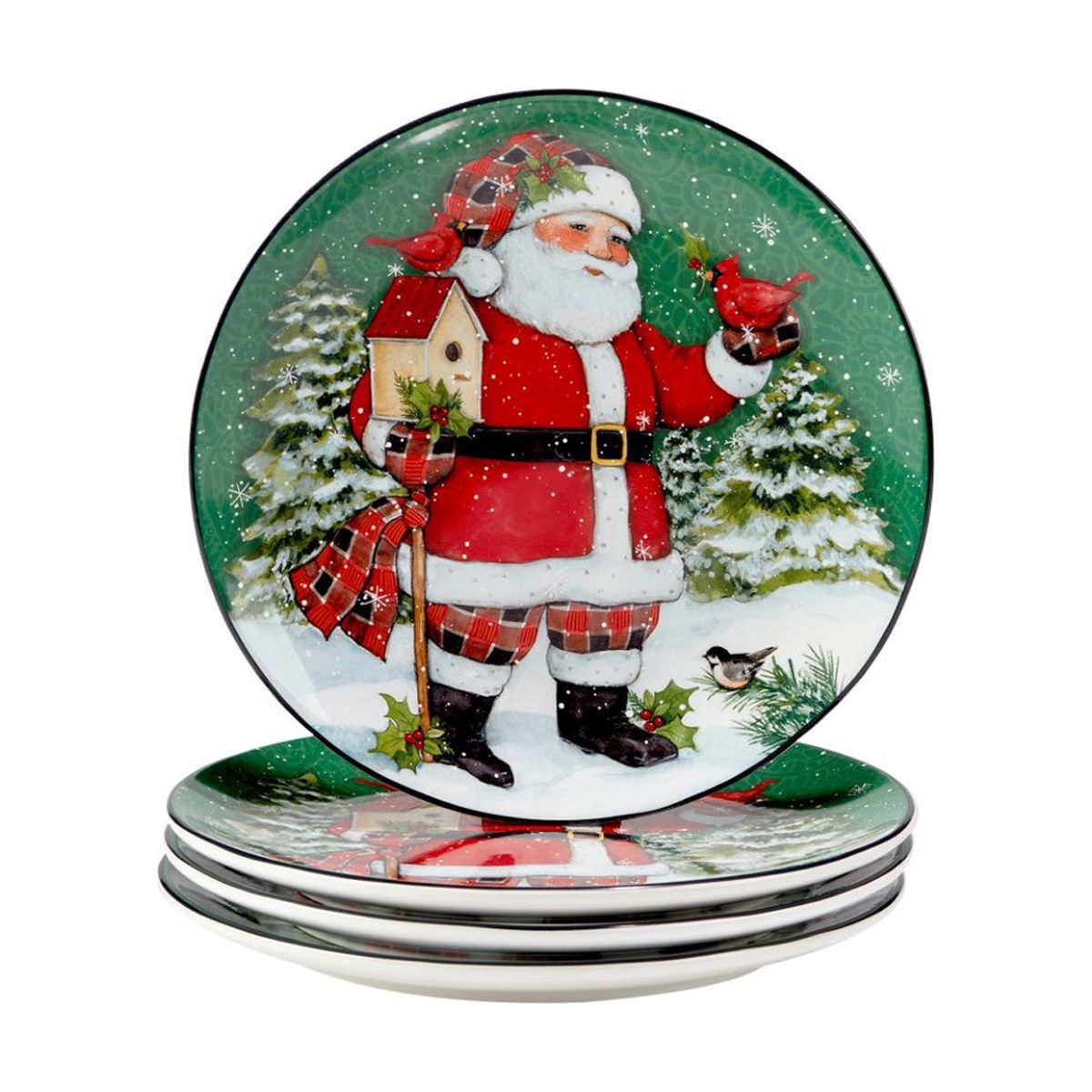 Certified International 16 Piece Lodge Santa with Cardinals Christmas Dinnerware Set