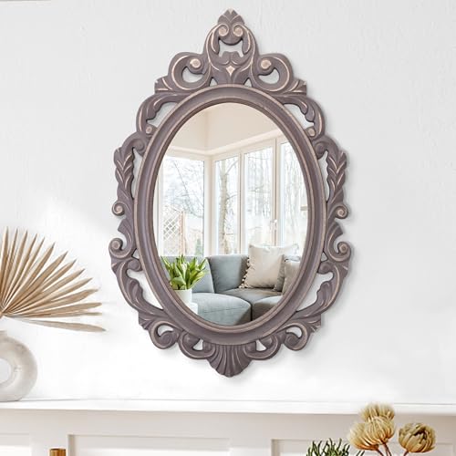Oval Wooden Hanging Mirror Grey Carved Frame Wall Mirror Rustic Vintage Decorative Mirror Aesthetic for Vanity Bedroom Living Room Entryway Farmhouse Mirror 24