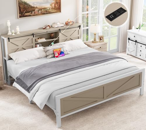 YITAHOME Farmhouse Queen Size Bed Frame with Headboard, Bookcase Storage Shelves, Sliding Barn Door, Charging Station, Rustic Wood Platform Bed, No Box Spring Needed, White