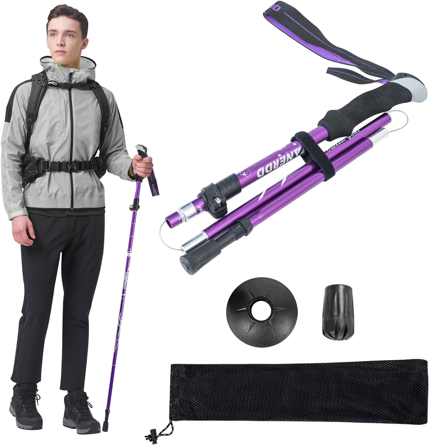 Collapsible Hiking Trekking Pole DecorSea Adjustable Walking Hiking Sticks Lightweight Collapsible Walking Trekking Pole Aluminum Hiking Pole EVA Foam Handle Women Men, Purple