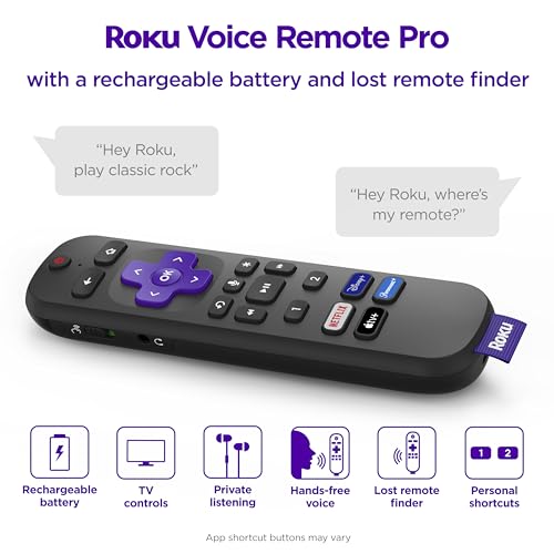 Roku Voice Remote Pro | Rechargeable with Hands-free Voice Controls, Headphone Mode & Lost Device Locator - Compatible with RokuTV, Players & Audio Devices