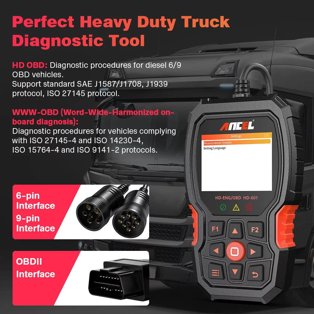 Ancel HD601 Heavy Truck Scanner All System Diesel Truck Diagnostic Scan Tool OBD2 Scanner Code Reader for Diesel Heavy Trucks & Cars 2 in 1 Code Scanner, Lifetime Free Update
