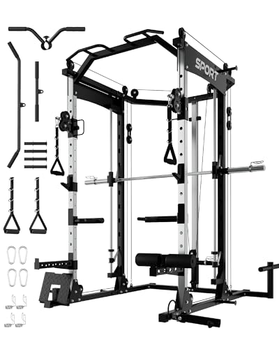 Garvee Smith Machine, 2200LBS All-in-One Squat Rack for Home Gym, Multi-Function Power Cage Cable Crossover System Strength Training Equipment, LAT Pulldown Machines, Smith Bar and More Attachments