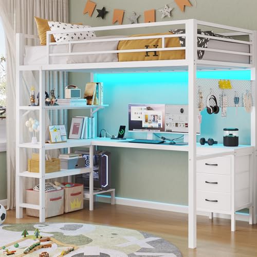 ADORNEVE Loft Bed Twin Size with L-Shaped Desk, LED Lights,Charging Station,Twin Metal Loft Bed with Desk, Fabric Drawers & Shelves, 13.4