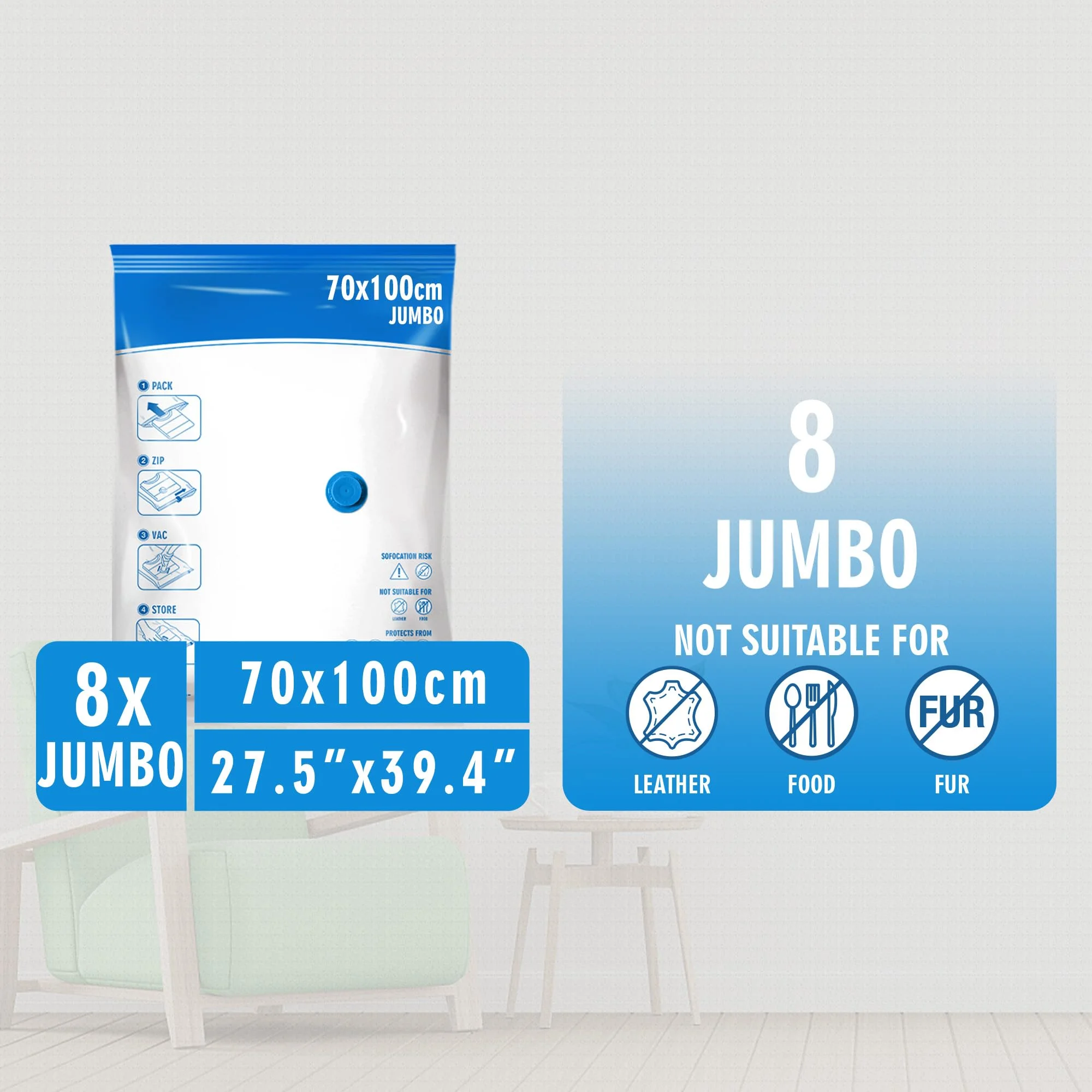 Jumbo Vacuum Storage Bags 8 Pack, Extra Large Space Saver Bags for Clothes Blankets Comforters, Thick PA;PE Material, Triple Seal Valve, Includes Hand Pump, White