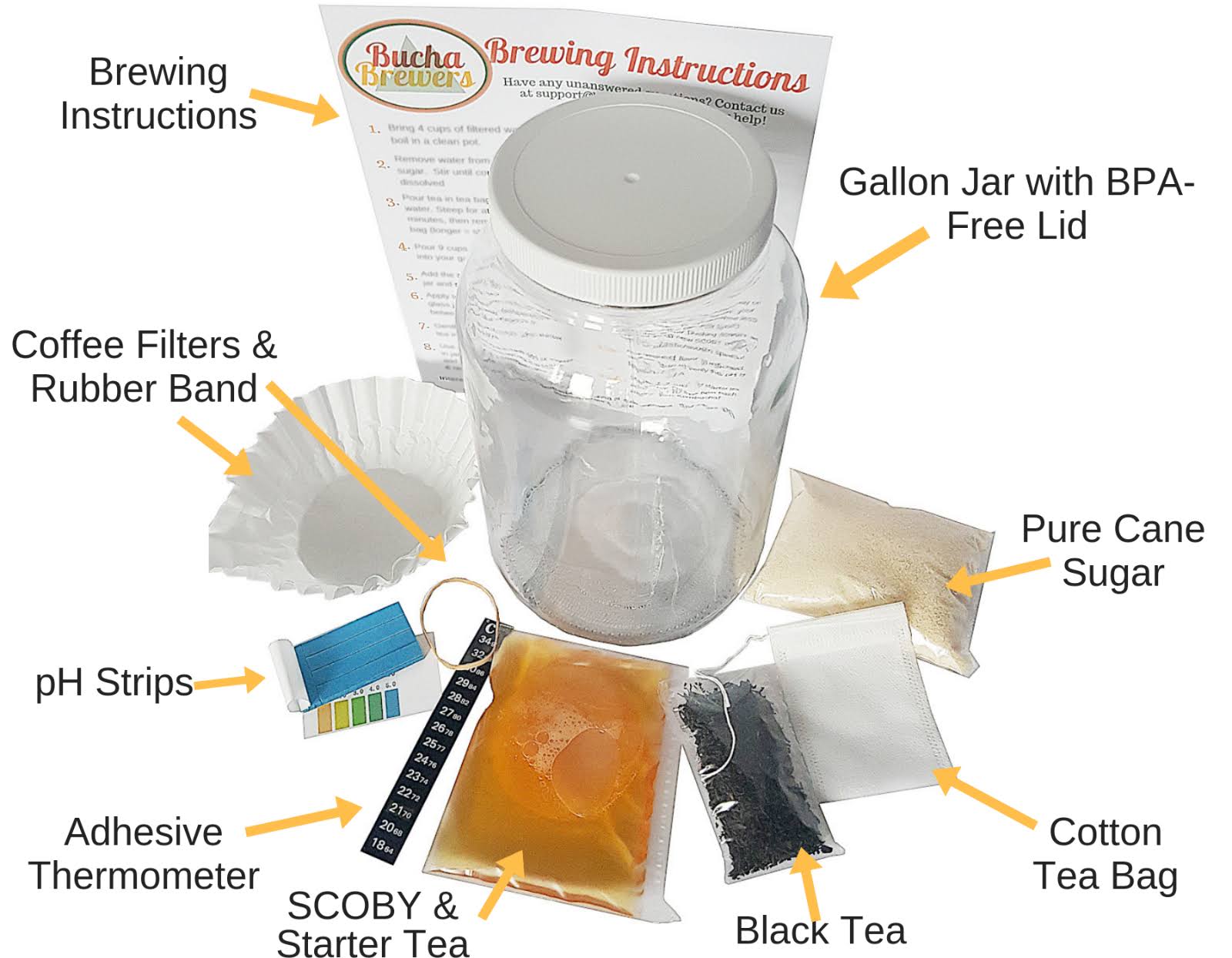 Bucha Brewers Kombucha Starter Kit with Kombucha SCOBY, Starter Tea, Certified Organic Sugar, Gallon Glass Jar with Lid, Coffee