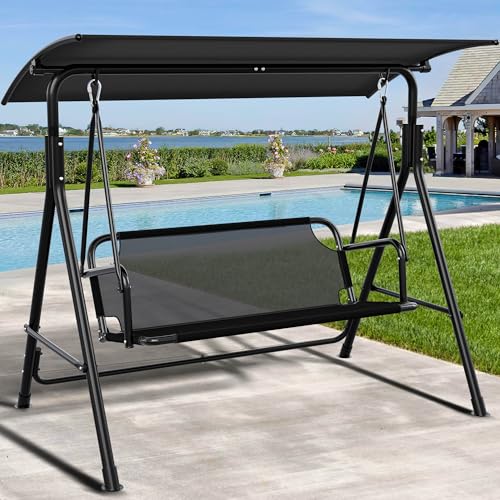 YITAHOME Outdoor Patio Swing Chair, 3 Person Porch Swing with Adjustable Canopy, Removable Cushion,Suitable for Garden, Poolside, Balcony,(Black)