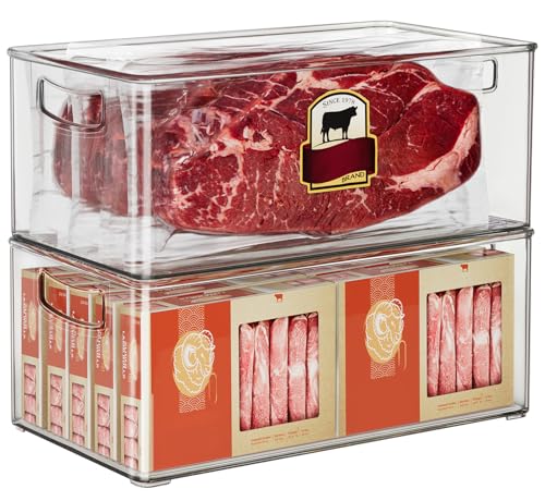 Hudgan 2 Pack Deep Freezer Organizer Bins, Straight Side Stackable Chest Freezer Storage Bins, Pantry organizers and Storage, Food-Grade Plastic