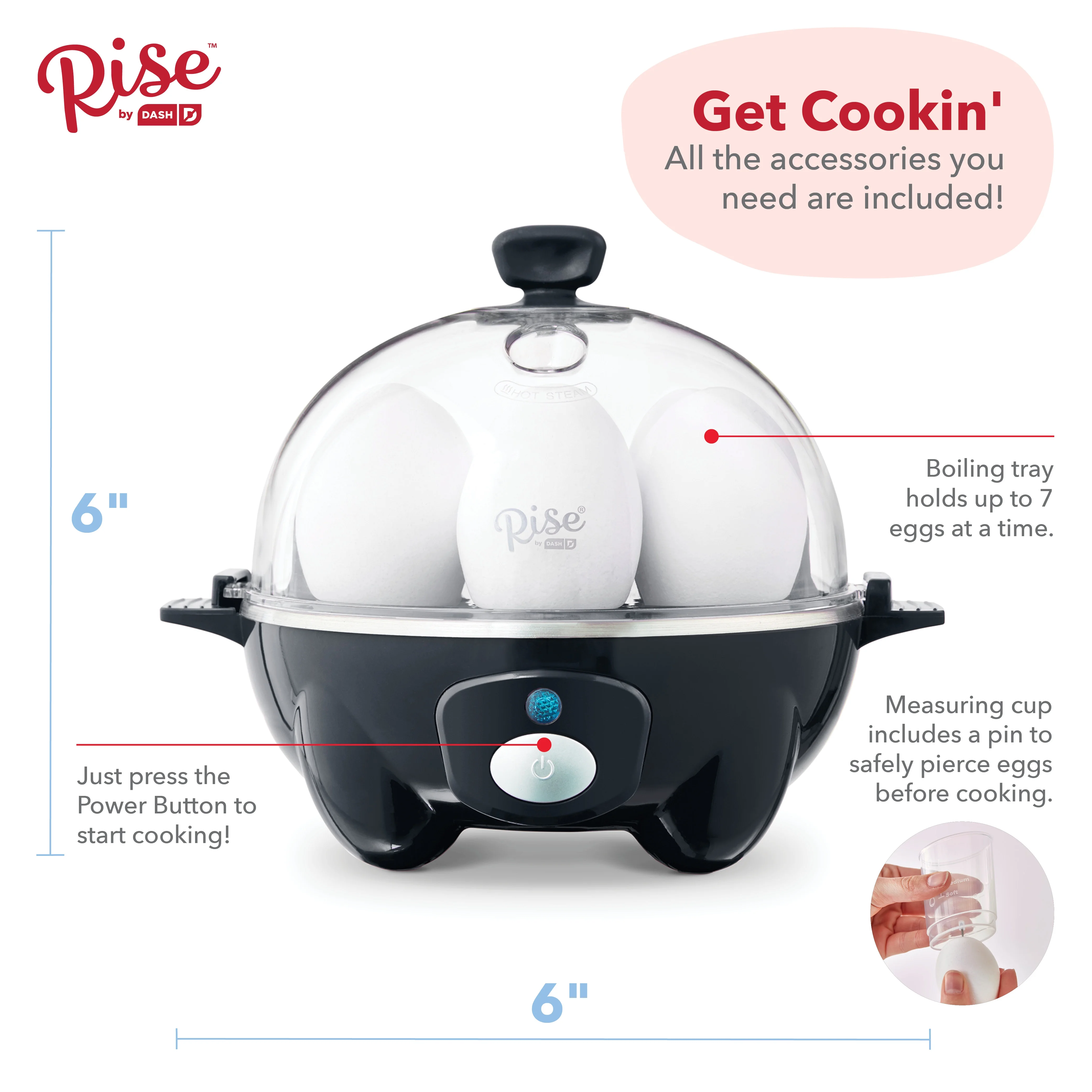 Rise By Dash Egg Cooker: 7 Egg Capacity Electric Egg Cooker for Hard Boiled Eggs, Soft Boiled Eggs, Poached Eggs with Auto Shut Off Feature - Black