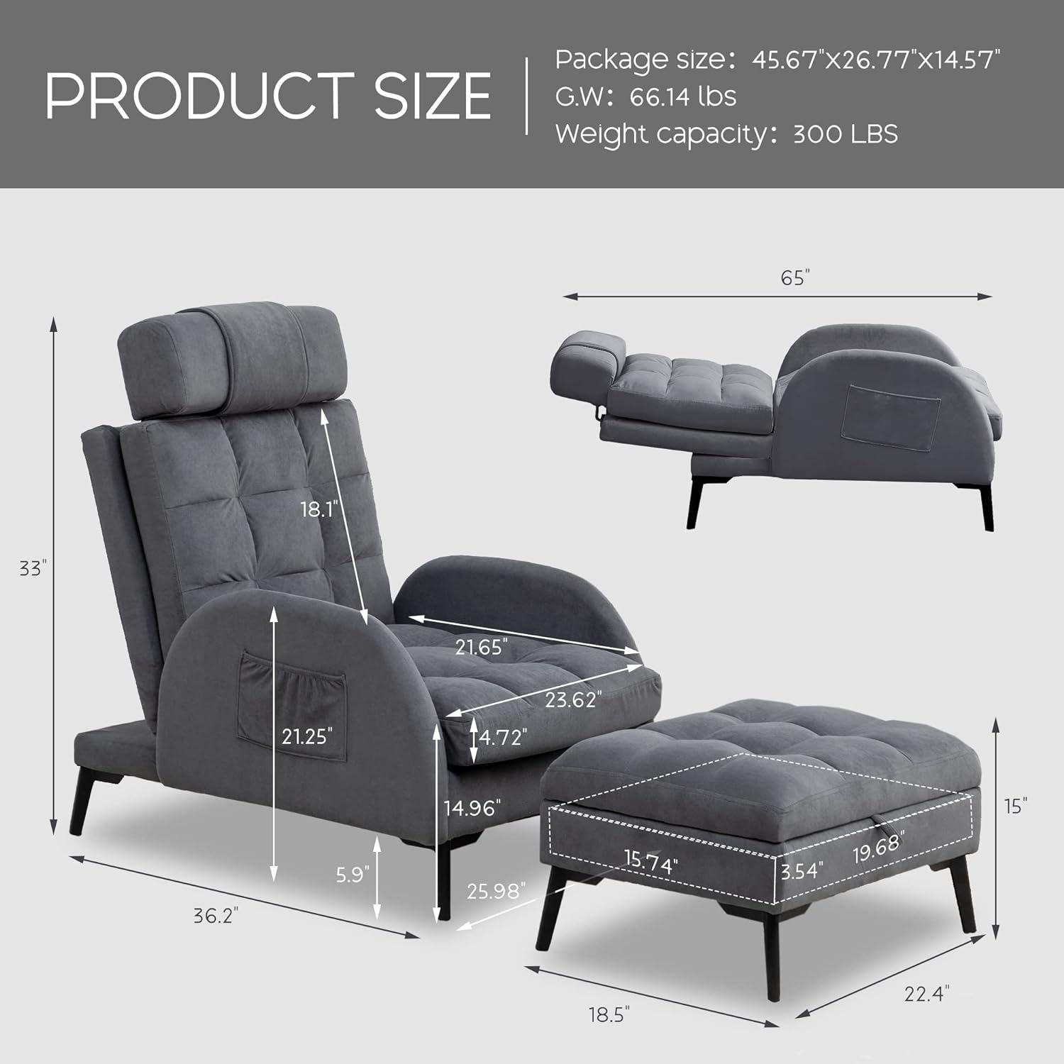 Accent Chair with Ottoman - Reading Chair and Storage Ottoman Set Comfy Velvet Lounge Arm Chair with Adjustable Backrest Cozy Reclining Sofa for Living Room Bedroom Dark Grey