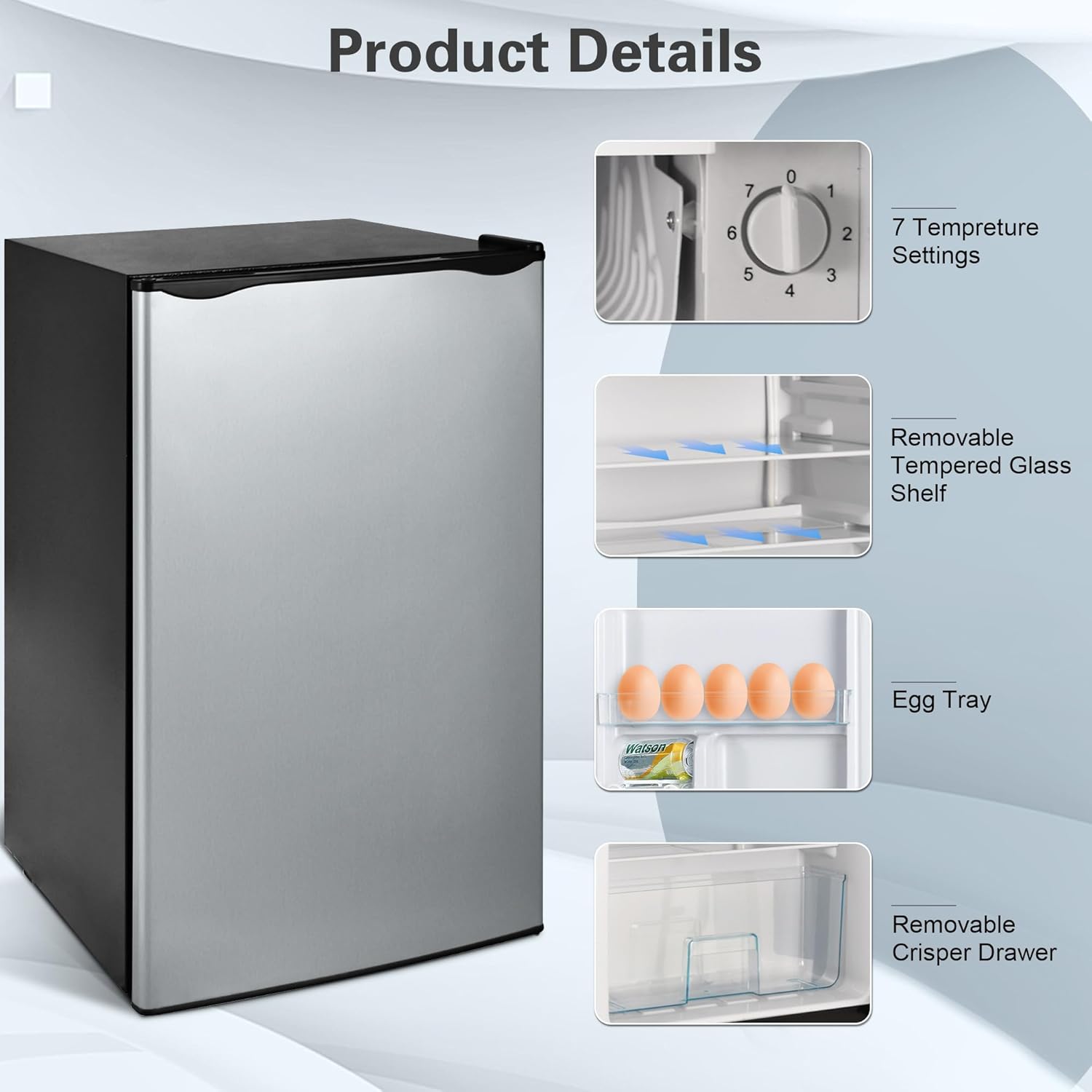 3.1 Cu. Ft. Mini Fridge with Freezer, Single Door Mini Refrigerator, Compact Fridge Adjustable Thermostat, Small Fridge for Bedroom, Office, Dorm, Silver