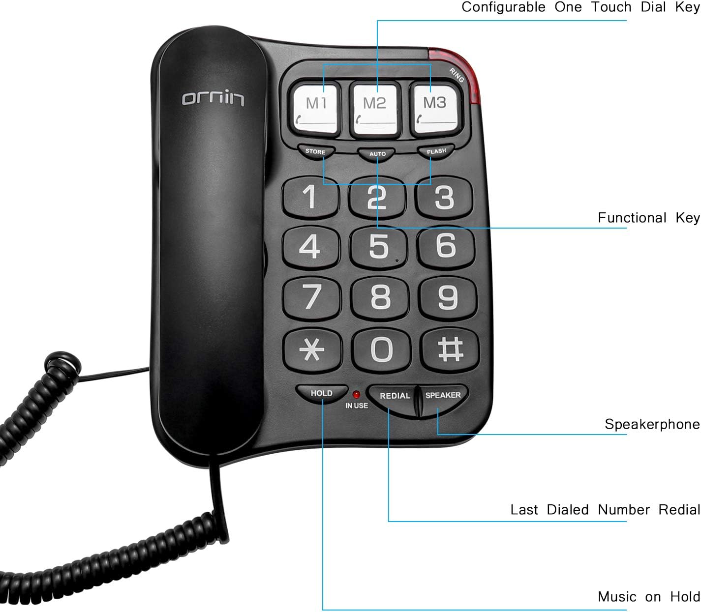 S016+ Big Button Corded Telephone with Speaker, Desk Phone (Black)