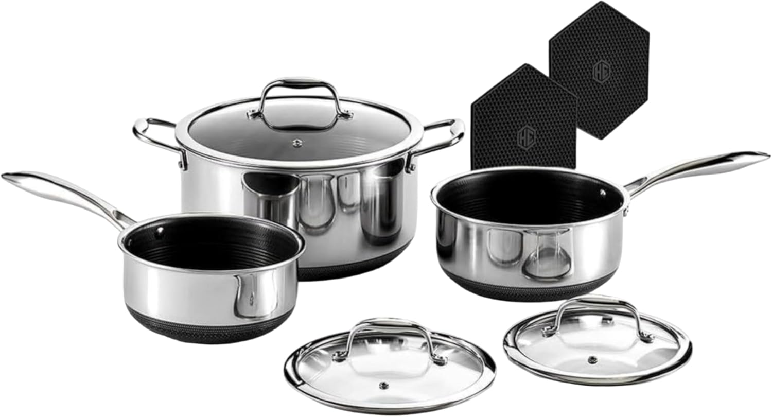 HexClad 16 Piece Hybrid Stainless Steel Cookware Set - 6 Piece Pan Set, 6 Piece Pot Set, 7 Quart Deep Fryer and 14 Inch Wok, Stay Cool Handles, Induction Ready, Non-Stick