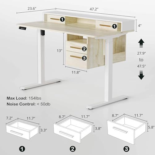 Standing Desk with 4 Drawers, 47.2 x 23.6 Inch Whole Piece Height Adjustable Electric Sit Stand Desk, Computer Home Office Workstation with Open Storage Shelf, Light Walnut