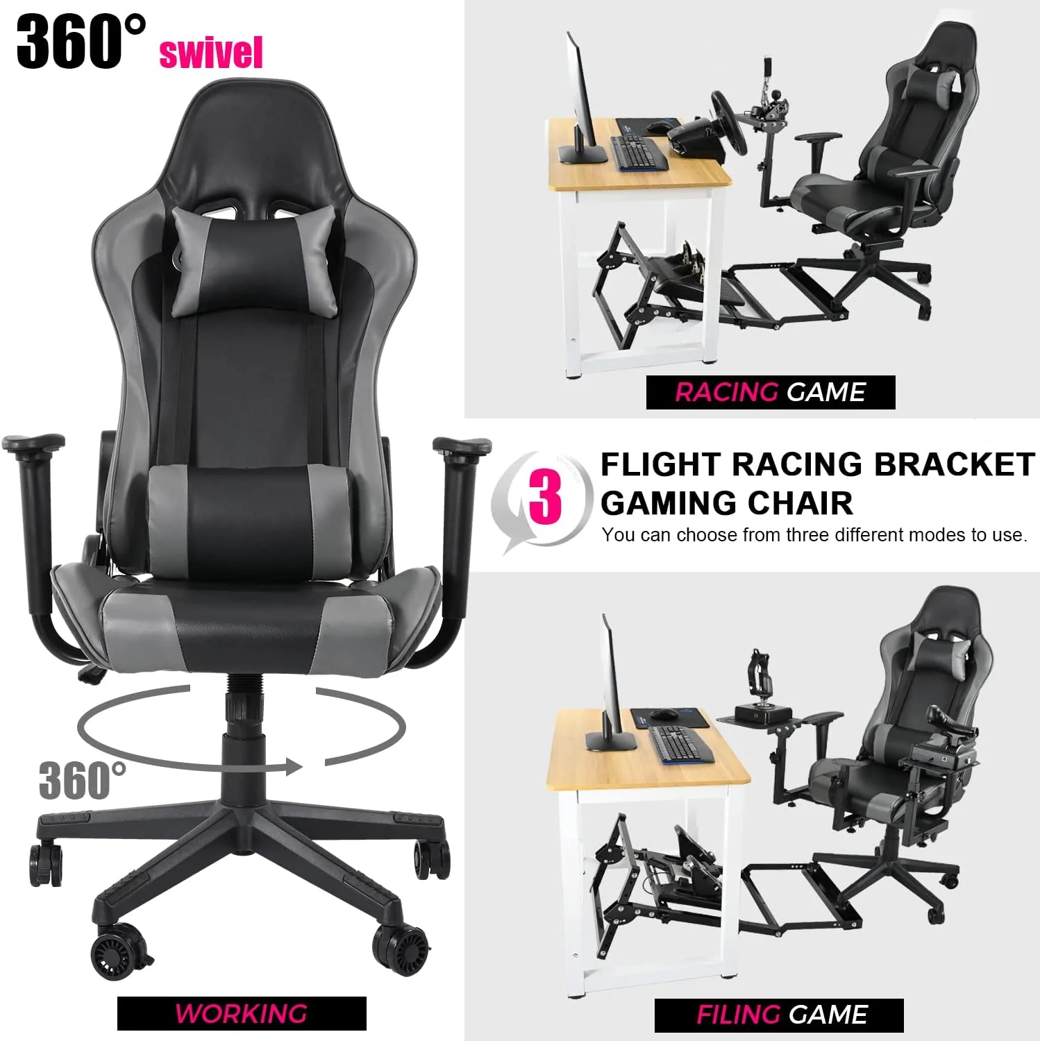 Minneer Flight & Racing Simulator Gaming Chair with Adjustable Headrest and Lumbar Pillow Swivel Liftable Office Chair,Gray
