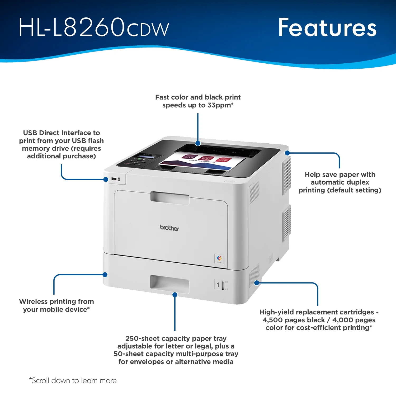 Brother HL-L8260CDW Business Color Laser Printer, Duplex Printing, Flexible Wireless Networking, Mobile Device Printing, Advanced Security Features