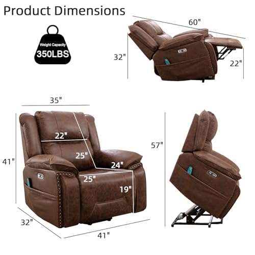 Phoenix Home Dual Motor Power Lift Chair for Elderly, Lift Chairs with Massage and Heat, Leather Electric Chairs for Adults, Recliner Chair with USB, 2 Concealed Cup Holders, Brown
