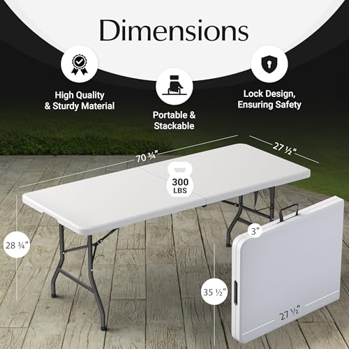 6 Feet Foldable Table with Built in Handle & Steel Legs | Heavy Duty Portable | Perfect for Party, Dining, Wedding, Events, Picnic Indoor, Outdoor, Camping, Utility, Folding