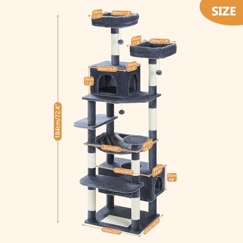PAWZ Road Cat Tree, 53.5 Inches Tall Cat Tower with Spacious Hammocks, Condos and Scratching Posts, Cat House with Dual Padded Perches for Indoor Large Cats-Pink