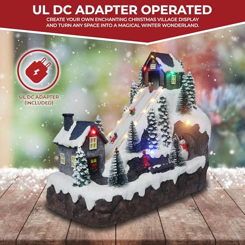 Christmas Village Sledding Down Hill - Lighted Musical Snow Village with 8 Animated Kids Going Down The Mountain