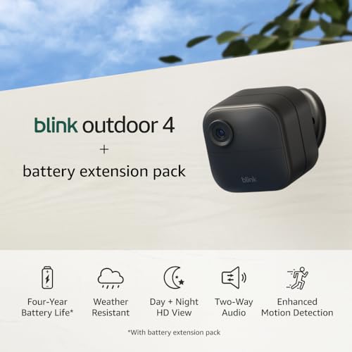 Blink Outdoor 4 + Battery Extension Pack — Four-year battery wireless smart security camera, HD live view, enhanced motion detection — 1 camera system + Battery Extension Pack