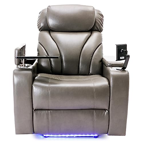 Recliner Sofa Swivel PU Leather Power Recliner Individual Seat Home Theater Recliner with Tray Table, Phone Holder, Cup Holder, USB Port, Hidden Arm Storage for Living Room (Grey)