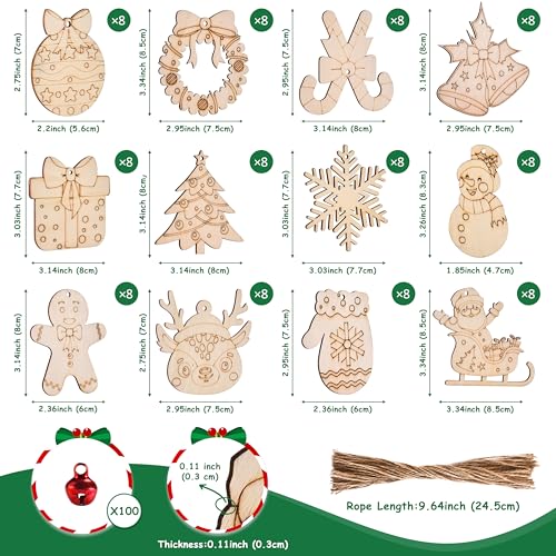 96 Pcs Wooden Christmas Ornaments Unfinished Wood Slices, Wooden Christmas Tree Hanging Ornaments for DIY Art Craft with 12 Styles, DIY Wood Crafts Hanging Decorations Kit
