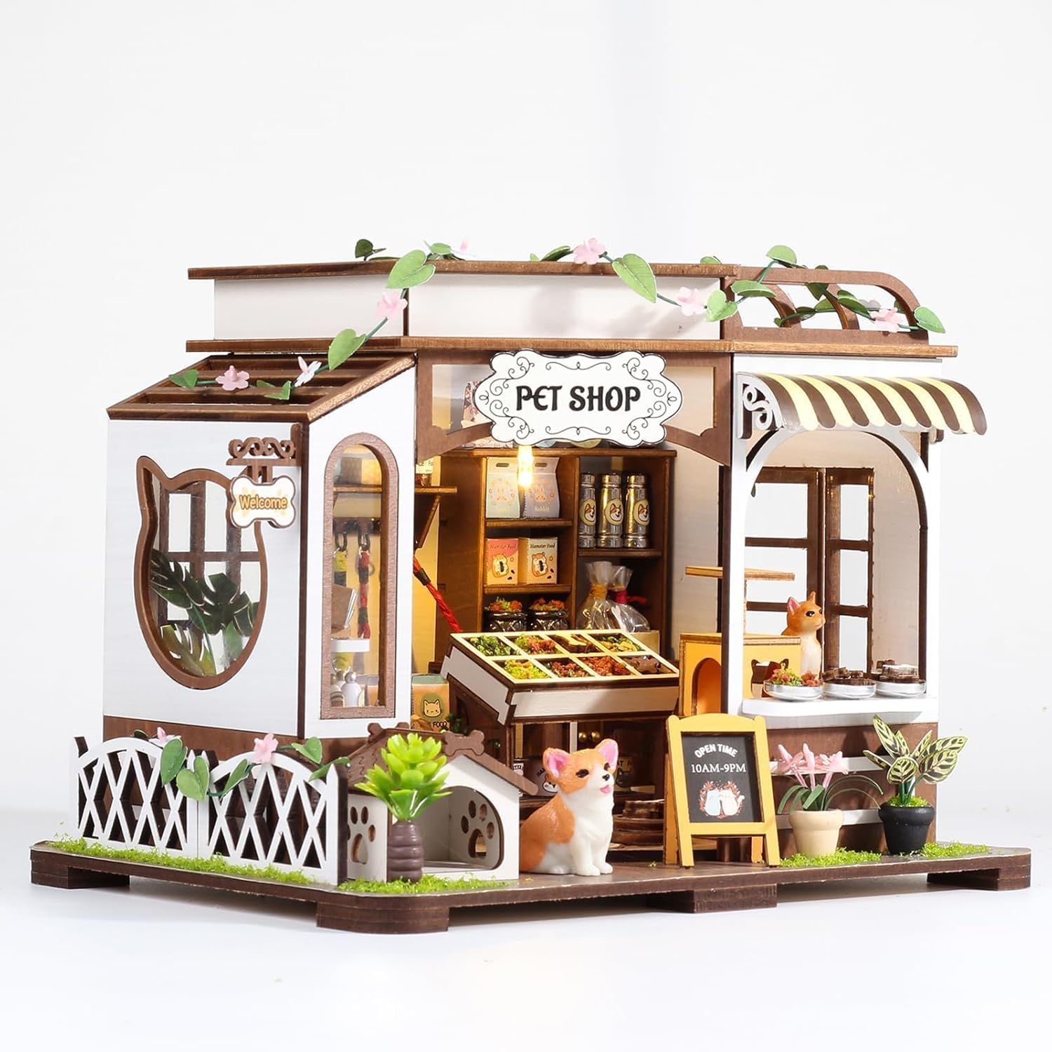 DIY Miniature House Kits 3D Wooden Pet Shop DIY Miniature Dollhouse Kit Mini House Building Kit with Furniture and Light Tiny House DIY Crafts Kit for Adults Teen Birthday Home Decor