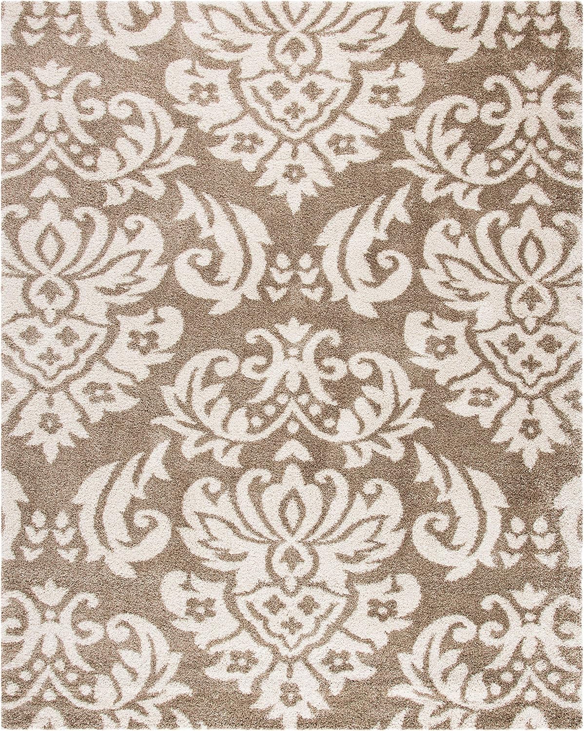 SAFAVIEH Florida Shag Collection Area Rug - 6' x 9', Beige & Cream, Damask Design, Non-Shedding & Easy Care, 1.2-inch Thick Ideal for High Traffic Areas in Living Room, Bedroom (SG460-1311)