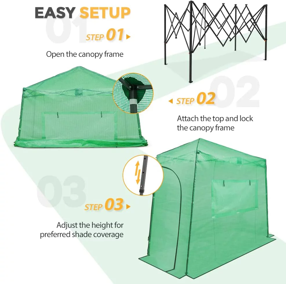 EAGLE PEAK 10'x 5' Portable Lean to Walk-in Greenhouse Instant Pop-up Fast Setup Indoor Outdoor Plant Gardening Green House Canopy, Front and Rear Roll-Up Zipper Entry Doors and Roll-Up Side Windows