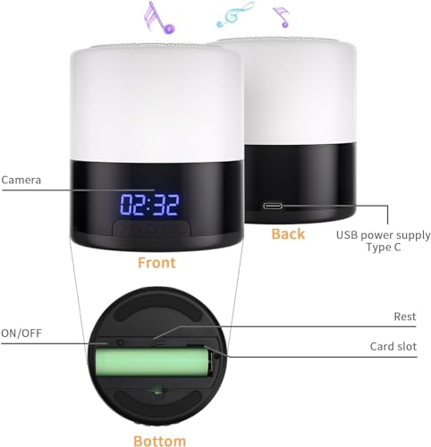 Spy Camera Hidden Camera Bluetooth Speaker, Hidden Spy Camera with Video, 1080P Nanny Cam Hidden Camera with 180°Rotating Lens, WiFi Hidden Camera Clock Night Light with Night Vision, Motion Detection
