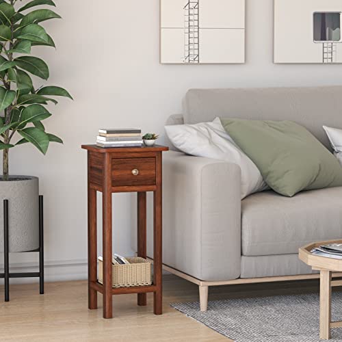 GORELAX Narrow End Table, Tall Nightstand with Drawer & Shelf, Small Bedside Table w/Anti-Tipping Device, No Assembly, Wooden Small Sofa Side Table for Small Space, Living Room, Bedroom (2, White)