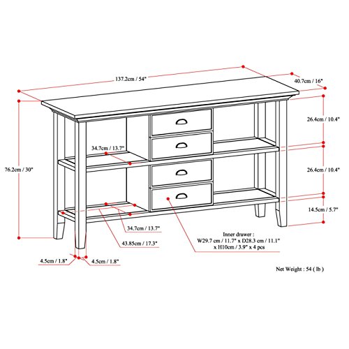 SIMPLIHOME Redmond SOLID WOOD 54 inch Wide Console Sofa Table in Hickory Brown with Storage, 4 Drawers and 4 Shelves, for the Living Room Entryway and Bedroom