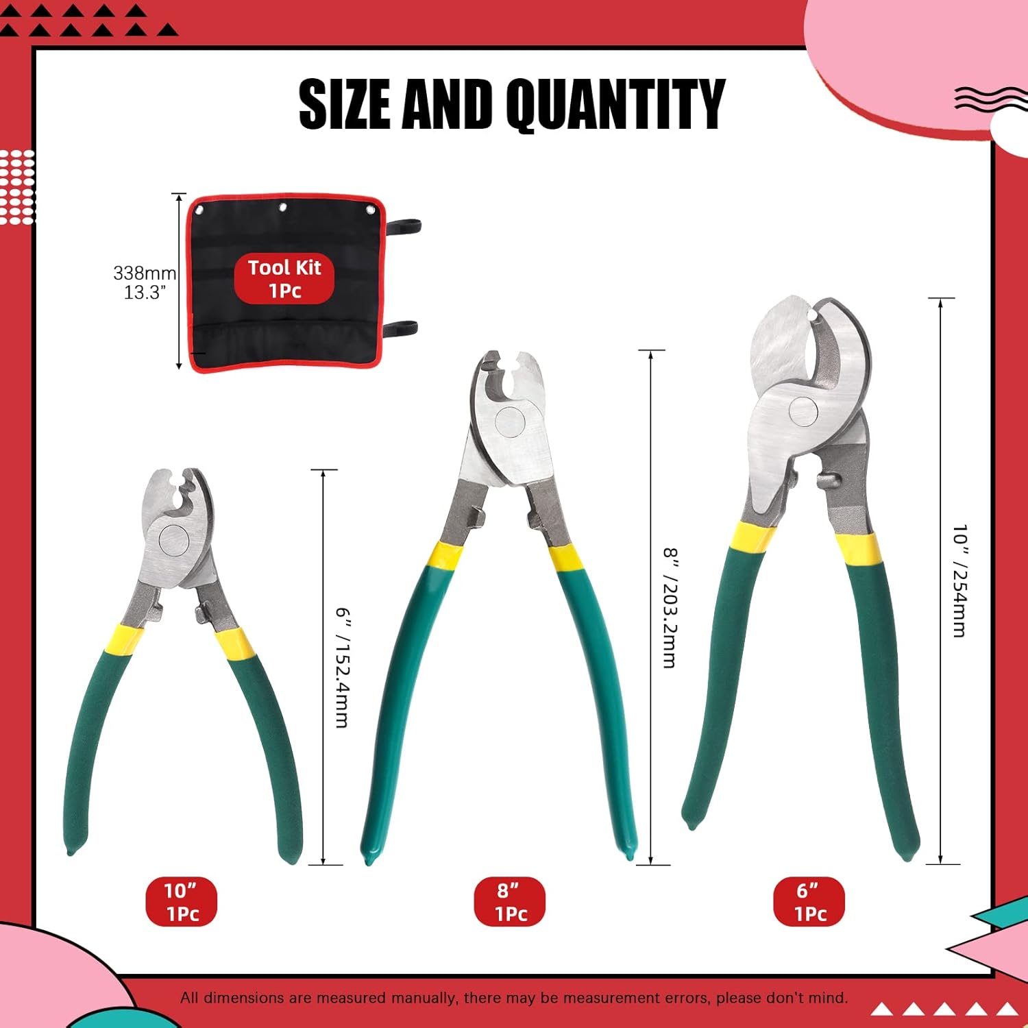 Hilitchi 4Pcs 6 8 10 Inch Stainless Steel Cable Cutters with Storage Pouch, Heavy Duty Cable Wire Cutters Wire Rope Cutter High Leverage Cutter for Wire, Copper, Brake Cutting