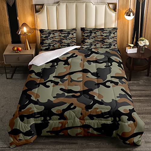 Camouflage Bedding Set Queen Size, Boys Camo Comforter Set Teens Minimalist Campaign Camo Duvet Sets Militarily Down Comforter, One Bed Comforter And Two Pillowcases In One Bag, Orange And Brown