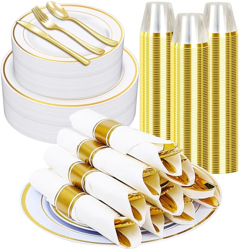 Zcaukya 350PCS Gold Dinnerware for 50 Guests, Plastic Plates for Party, 50 Pre-rolled Napkins,100 Gold Plates, 50 Cups, 50 Spoons, 50 Forks and 50 Knives