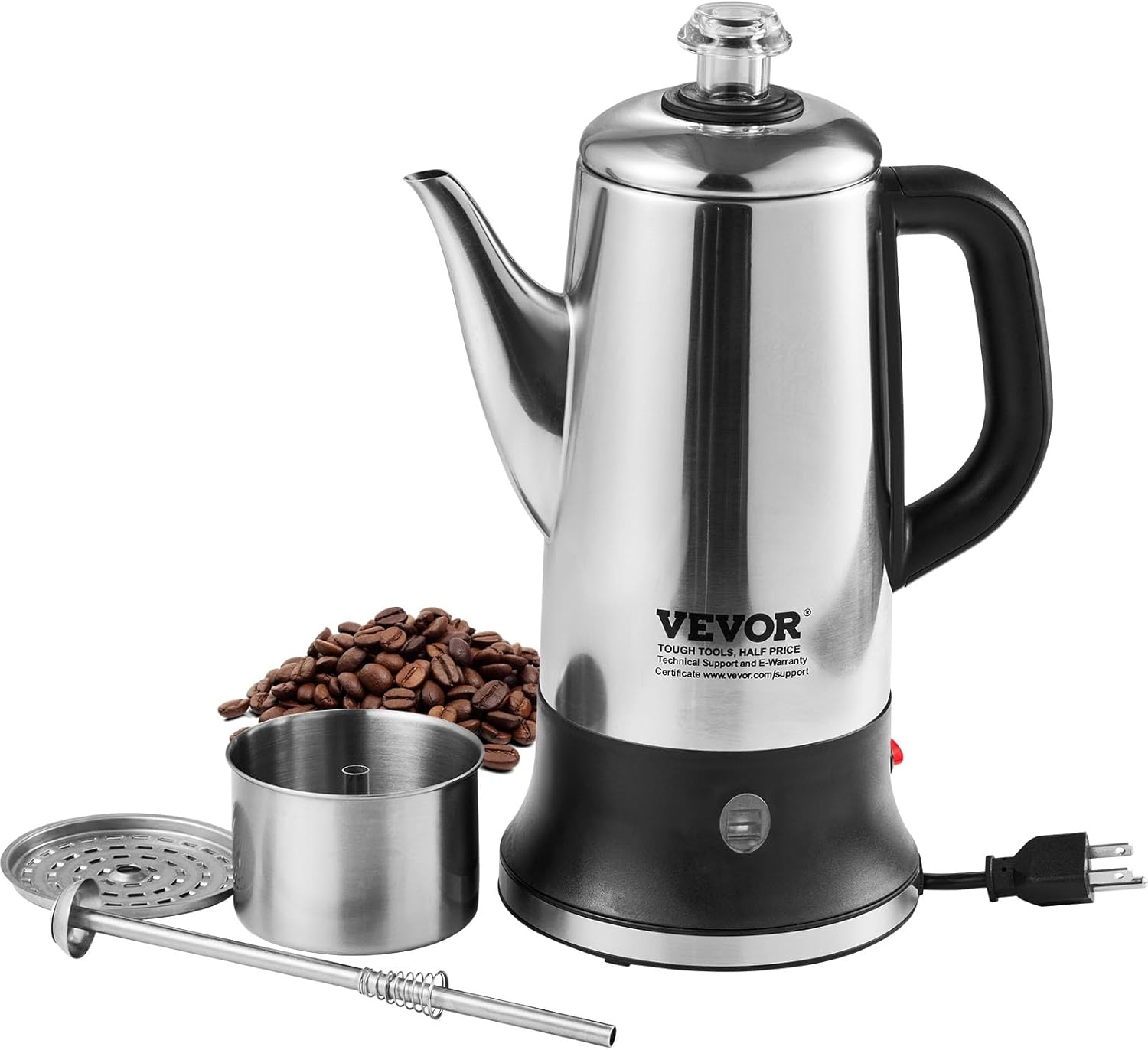 VEVOR 12-Cup Electric Percolator Coffee Pot, 304 Stainless Steel Coffee Percolator with Keep Warm Function & Heat-Resistant Handle, Classic Coffee Maker, Quick Brew & Split Power Base, Silver