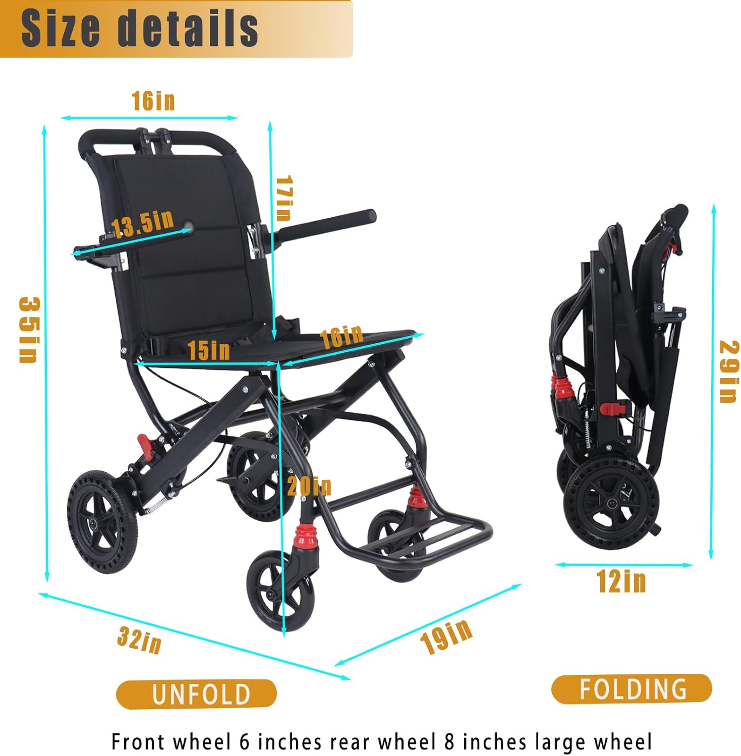 (Only 14lbs) Portable Folding Wheelchair, Travel Wheelchair with handbrake, Ultra-Light Wheelchair for The Elderly and Children (with Bag)