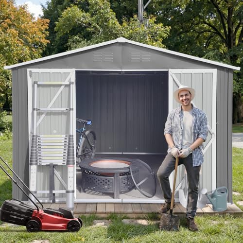 10 x 8 FT Outdoor Storage Shed, Metal Garden Tool Shed with Slooping Roof, Lockable Doors and Aluminum Frames, Easy to Assemble for Garden, Patio, Lawn, Grey
